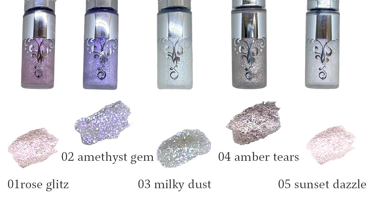 ジルスチュアート　アイダイヤモンド グリマー 左から01 rose glitz、02 amethyst gem、03 milky dust、04 amber tears、05 sunset dazzle（限定色）／各¥2,750（税込）