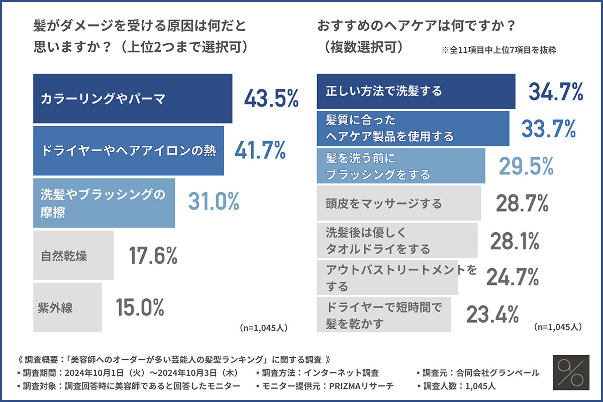 「髪がダメージを受ける原因は何だと思いますか？（上位2つまで選択可）」